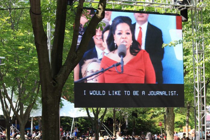 STAR POWER: Oprah Winfrey’s 2013 Harvard University commencement speech is shown on an ATR Treehouse LED screen at Harvard Yard. / COURTESY ATR TREEHOUSE