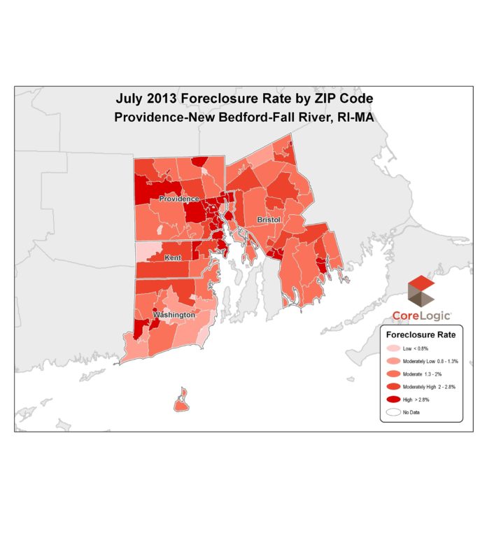 FORECLOSURES IN THE Providence-New Bedford-Fall River metro area fell to 2.3 percent in July, below the state and national rates of 2.5 percent and 2.4 percent, respectively. / COURTESY CORELOGIC