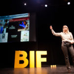 FACTORY WORK: Dava Newman, professor of aeronautics and astronautics and engineering systems at the Massachusetts Institute of Technology, presents at the Business Innovation Factory summit. / PBN PHOTO/STEPHANIE EWENS