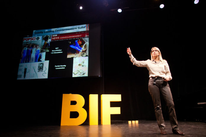 FACTORY WORK: Dava Newman, professor of aeronautics and astronautics and engineering systems at the Massachusetts Institute of Technology, presents at the Business Innovation Factory summit. / PBN PHOTO/STEPHANIE EWENS
