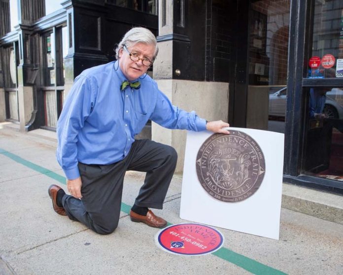 FOLLOW THE LEAD: Bob Burke, founder of the Independence Trail in Providence, is launching a $50,000 fundraising campaign for new bronze emblems that he hopes to complete by the end of the year. / PBN PHOTO/TRACY JENKINS