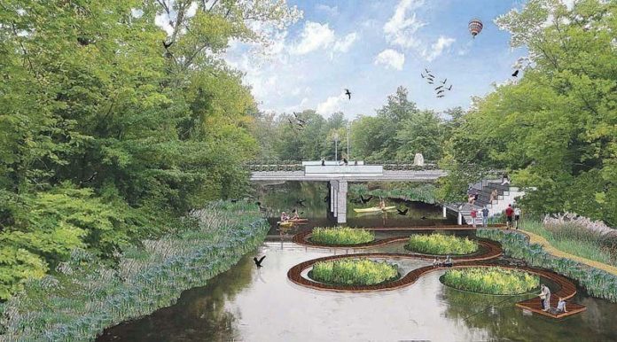 A NEW PATH: A rendering of ideas to improve the lower Woonasquatucket River (near Bath Street), including restored native vegetation, bankside walkway, “floating island” of aquatic water-cleansing plants and serpentine dock. / COURTESY BIRCHWOOD DESIGN GROUP