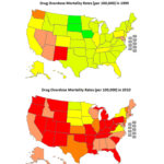 ACCORDING TO A NEW report by the Trust for America's health, the number of drug overdose death doubled in 29 states between 1999 and 2010, including in Rhode Island, which has the 13th highest drug overdose mortality rate in the country. In the maps above, green states represent the lowest mortality rates (fewer than 2 deaths per 100,000 people), while red states connote the highest mortality rates (at least 12 deaths per 100,000 people). / COURTESY TRUST FOR AMERICA'S HEALTH