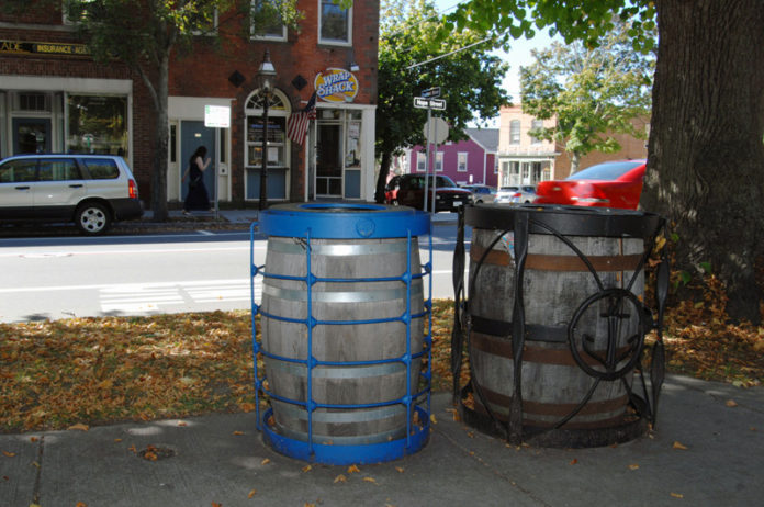 A TREASURE: Trash and recycling cans built at the Steel Yard in Providence in use on Hope Street in Bristol. / PBN PHOTO/BRIAN MCDONALD