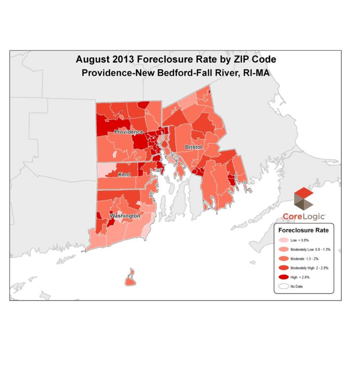 THE FORECLOSURE RATE in the Providence-New Bedford-Fall River metro area came in at 2.3 percent in August, below the state and national rates, which both came in at 2.4 percent. / COURTESY CORELOGIC