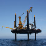 STRONG WINDS: A lift boat off Block Island does core sampling for Deepwater Wind&rsquo;s Block Island Wind Farm in 2009. Energy experts say Rhode Island could become a hub for the offshore wind industry. / COURTESY MONTCO OFFSHORE INC.