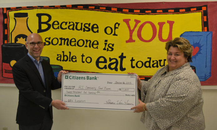 FOOD BANKS in 10 states in the Northeast received donations as part of RBS Citizens’ “Customer Experience Week.” Kathy O’Donnell, head of public affairs, RBS Citizens Financial Group, presented a $7,500 donation to Andrew Schiff, chief executive officer, Rhode Island Community Food Bank.