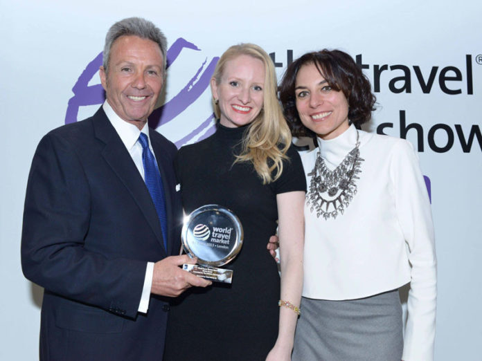 WORLD TRAVEL MARKET Head of Marketing & Communications Micaela Juarez, right, presented the award to Product Manager of Collette Vacations Diana Ditto, center, alongside Travel Weekly Associate Publisher Bruce Shulman at the WTM Global Awards recently.