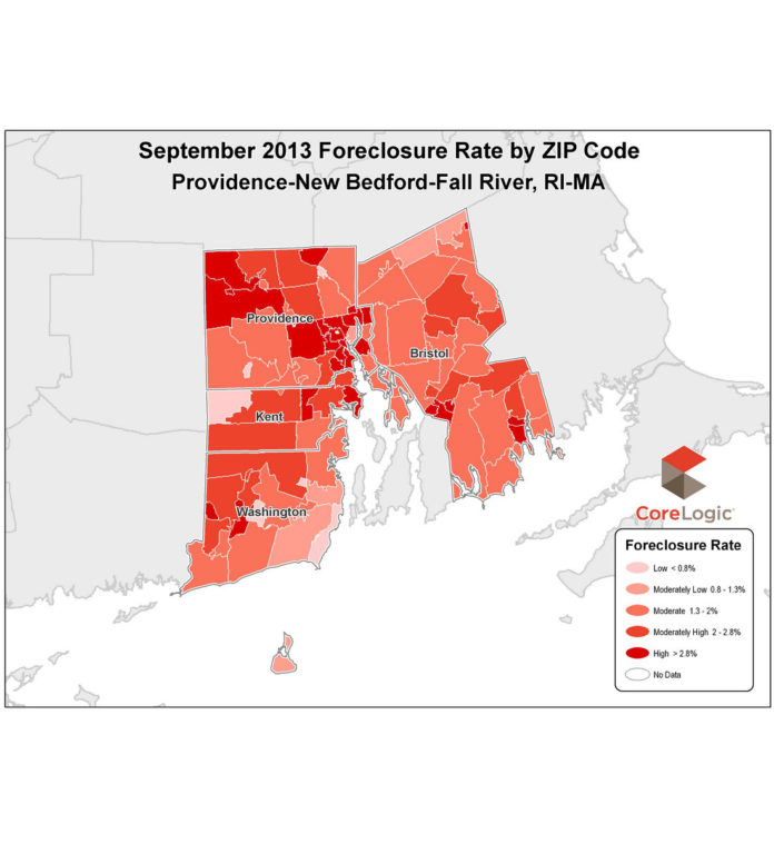 THE FORECLOSURE RATE in the Providence-New Bedford-Fall River metro area came in at 2.24 percent in September, below the state and national rates, which came in at 2.39 percent and 2.29 percent, respectively. / COURTESY CORELOGIC