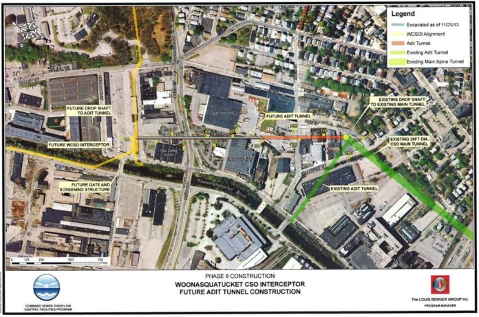 A MAP OF PHASE II construction of the Narragansett Bay Commission's Combined Sewer Overflow Project shows an overlay of the Woonasquatucket River tunnel currently under construction. / COURTESY NARRAGANSETT BAY COMMISSION