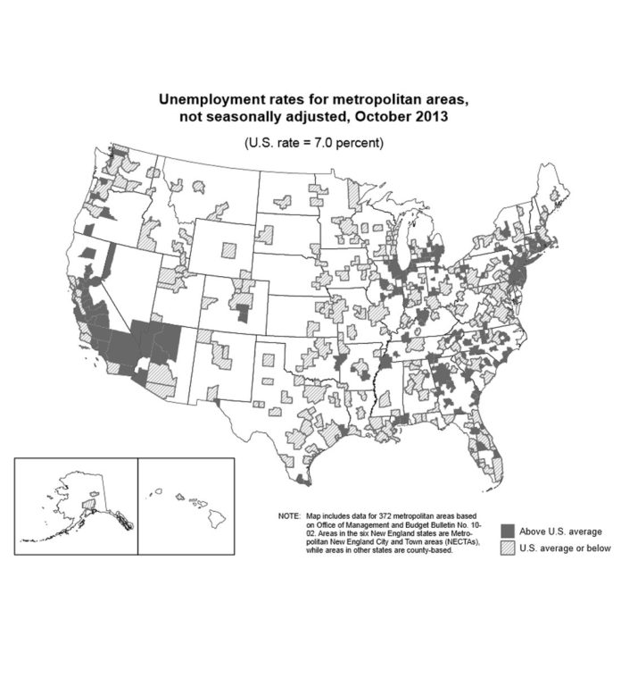 THE RHODE ISLAND AND Providence-Fall River-Warwick metro area unemployment rates shrank in September and October compared with last year, as labor forces in both regions shrank. The national non-seasonally adjusted unemployment rate in October was 7 percent, down from 7.5 percent a year earlier. / COURTESY U.S. BUREAU OF LABOR STATISTICS