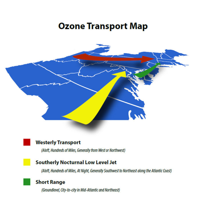 RHODE ISLAND, MASSACHUSETTS and the other six current members of the Ozone Transportation Region have petitioned the U.S. Environmental Protection Agency to add nine upwind states to the air-quality region. Above, a diagram depicting the prevailing winds that blow air pollution into the Northeast and mid-Atlantic regions from Illinois, Indiana, Kentucky, Michigan, North Carolina, Ohio, Tennessee, Virginia and West Virginia. / COURTESY MARYLAND DEPARTMENT OF THE ENVIRONMENT