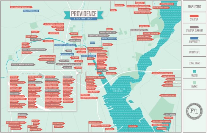 THE FOUNDERS LEAGUE Providence Startup Map illustrates the companies in Rhode Island and nearby Massachusetts that Betaspring Chief of Staff Melissa Withers said share 