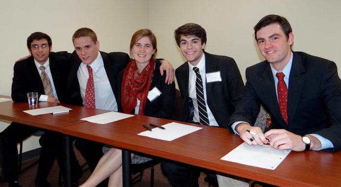The Providence College team that won the Northeast Regional Ethics Bowl at Sacred Heart University on Nov. 23 will compete in the national competition on Feb. 27. From left to right: Robert Gervasini, Matthew Dushel, Laura Wells, Michael McCormick and Michael Wasenius. / COURTESY SACRED HEART UNIVERSITY/MIKE LAUTERBORN