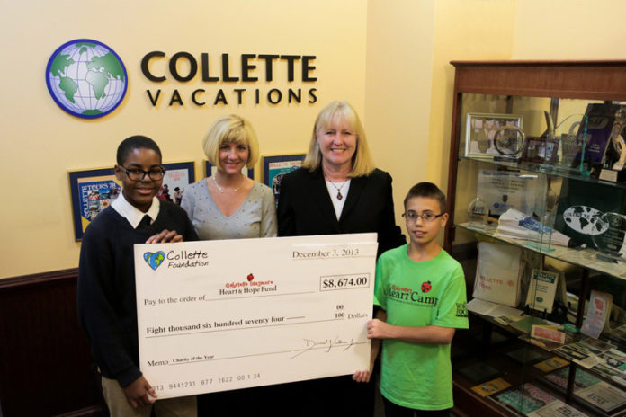COMMUNITY RELATIONS MANAGER Lynne Kelly of Collette Vacations presents Louise Dinsmore co-founder of the Gabrielle Dinsmore Heart & Hope Fund, and heart campers with a check for $8,674. From left: Darell Gholston, Dinsmore, Kelly and Dylan Soares.
