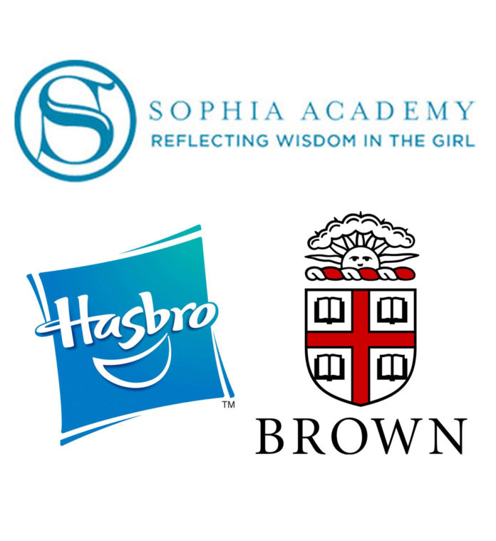 HASBRO INC. and Brown University will each donate $25,000 to Sophia Academy to replace the 50 laptop computers, 19 Kindle Fire tablets, seven LCD projectors, three iMac computers and an iPad that were stolen from the school over the weekend, Head of School Gigi DiBello said.