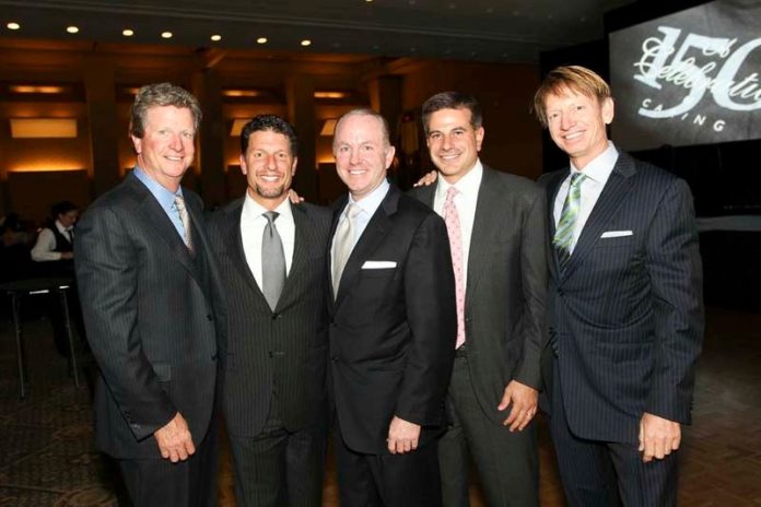 RHODE ISLAND HOSPITAL’s anniversary gala spotlighted its past and present achievements, along with its focus on research and education. From left: former CVS Caremark President Tom Ryan, Bay Capital partner Ted Fischer, Lifespan CEO Dr. Timothy J. Babineau, Providence Equity Partners Senior Managing  Director Paul Salem and professional golfer Brad Faxon.