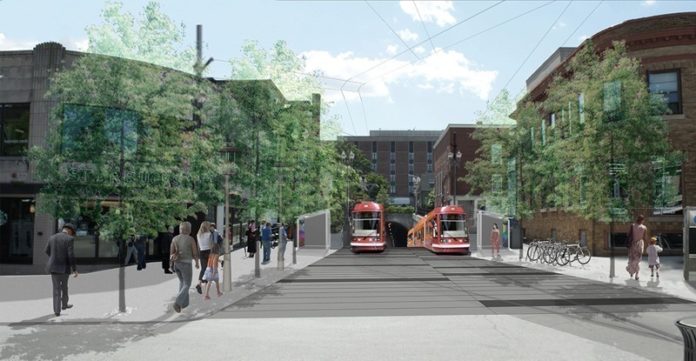 RENDERING COURTESY KLOPFER MARTIN DESIGN GROUP AND PROVIDENCE PLANNING DEPARTMENT 
STREET SMARTS: The Fones Alley RIPTA stop on the East Side of Providence shown as it would appear with improvements recommended by planners studying the Thayer Street commercial corridor.