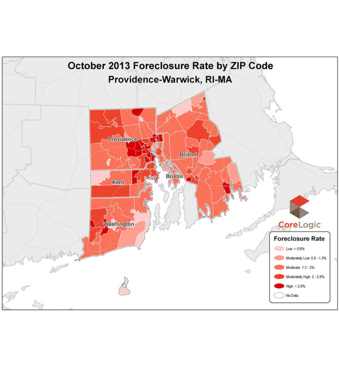 THE FORECLOSURE RATE in the Providence-Warwick metro area came in at 2.06 percent in October, down 0.76 percentage points from 2.82 percent in October 2012, and below the national rate of 2.15 percent. / COURTESY CORELOGIC