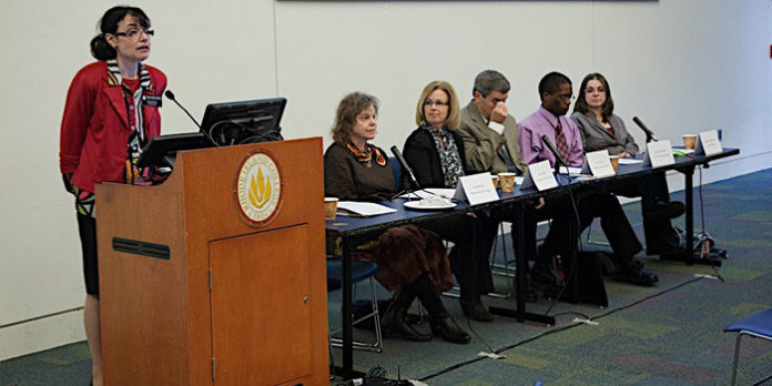 A PANEL at Rhode Island College on Dec. 19 stressed the need for early computer science education, pointing to a lack of adequate programming training for students in grades K-12. From left: Carol Giuriceo, Ann Moskol, Holly Walsh, Joe Devine, Dominic Herard and Jennifer Robinson.