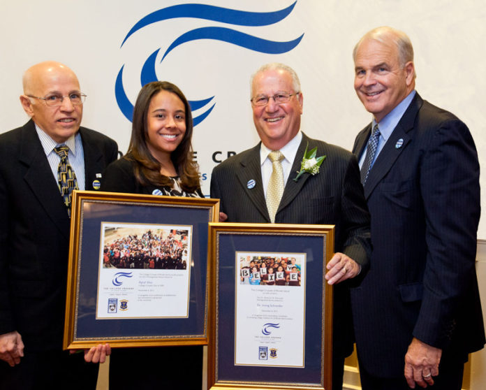 IRVING SCHNEIDER, a retired president of the Providence Campus of Johnson & Wales University and Apryl Silva, a College Crusade alumna and 2005 graduate of East Providence High School, were recognized at last month’s “Believe Breakfast” event. From left: Paul E. Moran, College Crusade board chair; Silva, honoree;  Schneider, honoree; Todd Flaherty, College Crusade president and CEO.