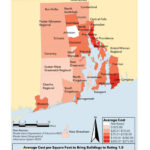UPGRADING RHODE ISLAND'S aging public school buildings could cost the state $1.79 billion, the R.I. Department of Education said Tuesday in a presentation to the Senate Task Force for School Housing Aid. Above, a map depicting the cost per square foot to upgrade buildings in different areas of the state to 1.0 or "good" condition, at which point they would require only routine maintenance and minor repairs. / COURTESY R.I. DEPARTMENT OF EDUCATION