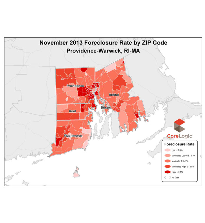 THE FORECLOSURE RATE in the Providence-Warwick metro area came in at 2.11 percent in November, 0.69 percentage points less than 2.8 percent in November 2012, and 0.07 percentage points below the national rate for November of 2.18 percent. / COURTESY CORELOGIC