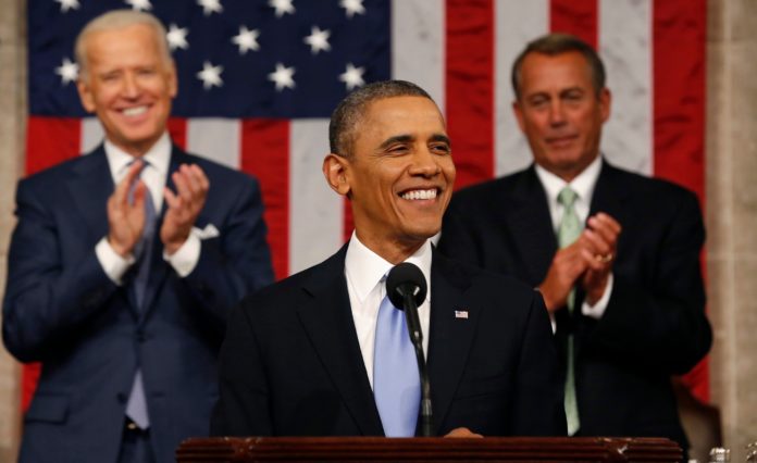 PRESIDENT BARACK OBAMA during his State of the Union address Tuesday announced a new retirement plan for Americans who don't have access to a 401(k) plan, which would allow workers to invest part of their weekly pay in U.S. government bonds. / BLOOMBERG PHOTO/LARRY DOWNING