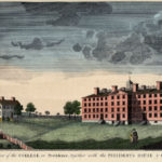 A 20TH-CENTURY silk-screened copy depicts the first published illustration of the Brown University campus, probably drawn around 1795. This year, Brown is getting ready to celebrate its 250th anniversary with a series of public events beginning March 7-8. / COURTESY BROWN UNIVERSITY
