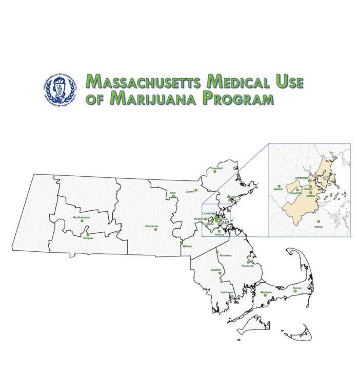 MASSACHUSETTS HAS APPROVED the first 20 registered medical marijuana dispensaries in the state, spread across 10 of the state's 14 counties, including two dispensaries in Bristol County. Above, a map of the 20 locations selected. / COURTESY MASSACHUSETTS EXECUTIVE OFFICE OF HEALTH AND HUMAN SERVICES