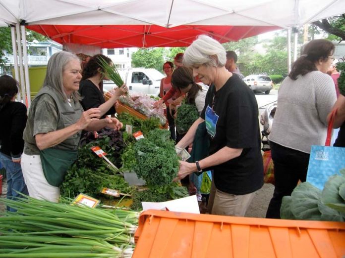 LINDA KUSHNER, left, sells produce at the Hope Street Farmers Market. On Thursday, Gov. Lincoln D. Chafee and the R.I. Department of Environmental Management announced the agency would award $210,000 in grants to help farmers and local seafood businesses promote and market their Rhode Island-grown products. / COURTESY HOPE STREET FARMERS MARKET