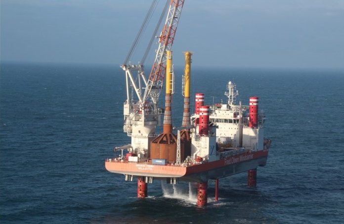 THE BRAVE TERN, pictured above, is a self-propelled, 433-foot jack-up rig owned by Fred. Olsen Windcarrier and identical to the Bold Tern, which will serve as the platform for wind-turbine installation at the Block Island Wind Farm. / COURTESY FRED. OLSEN WINDCARRIER