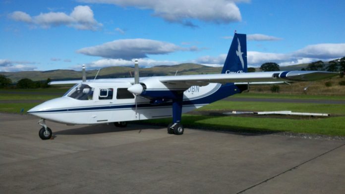 THE BRITTEN-NORMAN Islander is a nine-passenger aircraft specifically suited to land at airports with short runways, such as Block Island Airport. Cape Air announced Monday it would begin service out to Block Island from T.F. Green Airport and Westchester County Airport starting May 22. / COURTESY CAPE AIR