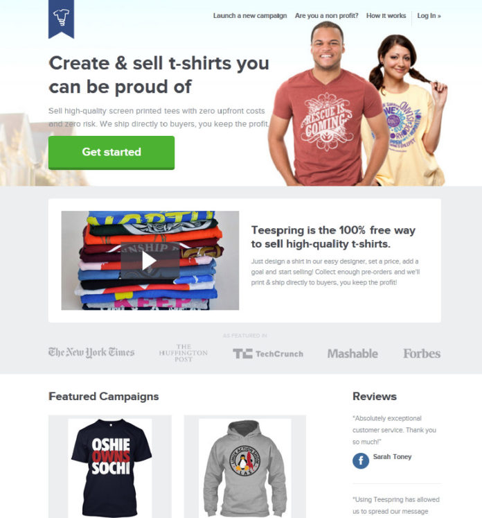 THE HOME PAGE of Teespring shows off the immediacy of T-shirt-based campaigns that the Providence-based startup facilitates, including one that celebrates the hero of the United States' ice hockey win over Russia in the Winter Olympics.