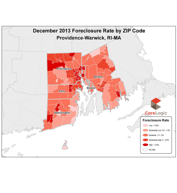THE FORECLOSURE RATE in the Providence-Warwick metro area came in at 2.03 percent in December, 0.78 percentage points lower than the 2.81 percent reported in December 2012, and 0.06 percentage points below the national rate for December of 2.09 percent. / COURTESY CORELOGIC