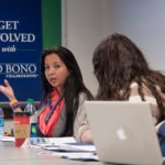 CROSSING BORDERS: Camila Bernal, left, an attorney from Columbia, speaks with 2013 RWU Law School graduates Angela Lawless and Dennis Costigan about representing undocumented children and about the Pro Bono Collaborative. / PBN PHOTO/MICHAEL SALERNO