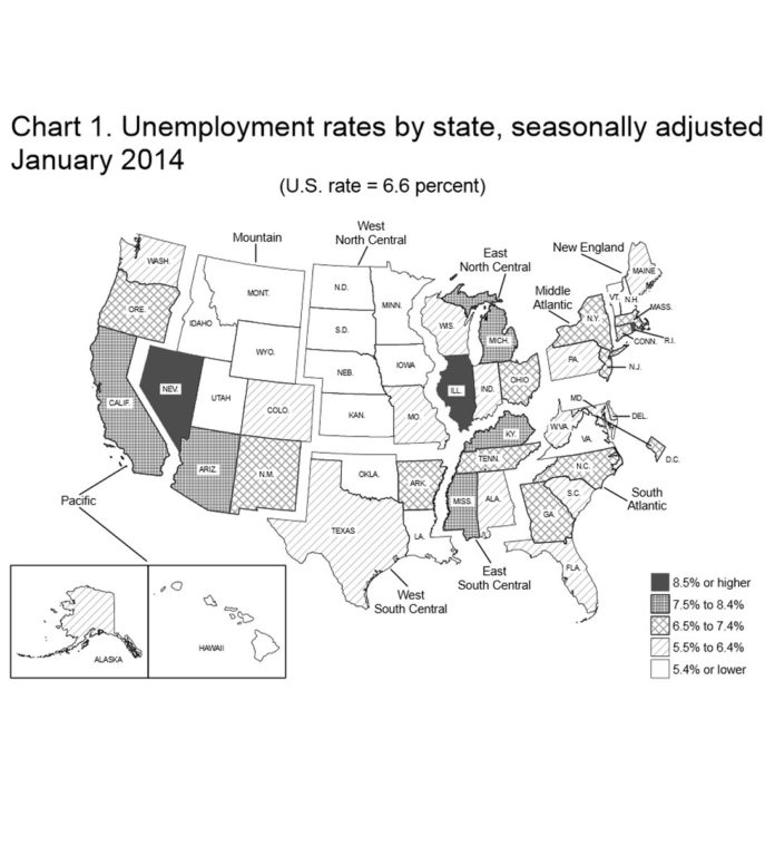RHODE ISLAND'S JANUARY unemployment rate of 9.2 percent ranked as the highest in the country, the Bureau of Labor Statistics reported Tuesday. The national unemployment rate was 6.6 percent in January. / COURTESY BUREAU OF LABOR STATISTICS