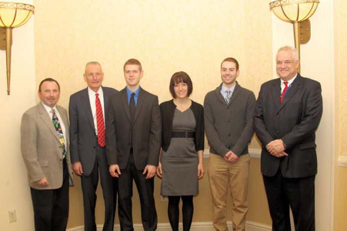 RICE REPRESENTATIVES pose with Rhode Island students who received scholarships in the amount of $2000 each. From left: George Monaghan, president of RICE; Joseph Pratt, chairman of RICE’s scholarship committee, students Clarkin, Barcznski, Johnson, and Carlo Machado, Rhode Island division administrator for the Federal Highway Administration.