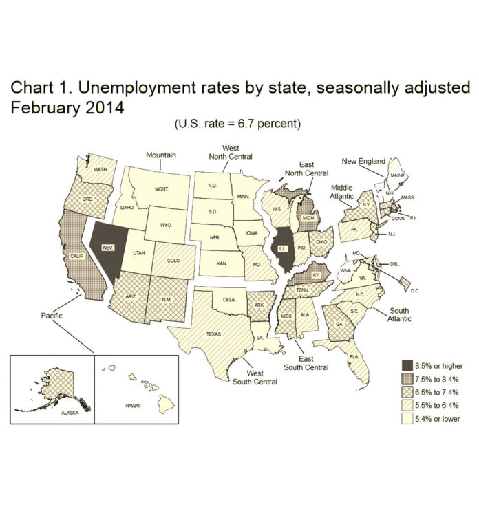 RHODE ISLAND'S FEBRUARY unemployment rate of 9 percent ranked as the highest in the country, the Bureau of Labor Statistics reported Friday. The national unemployment rate was 6.7 percent in February. / COURTESY U.S. BUREAU OF LABOR STATISTICS