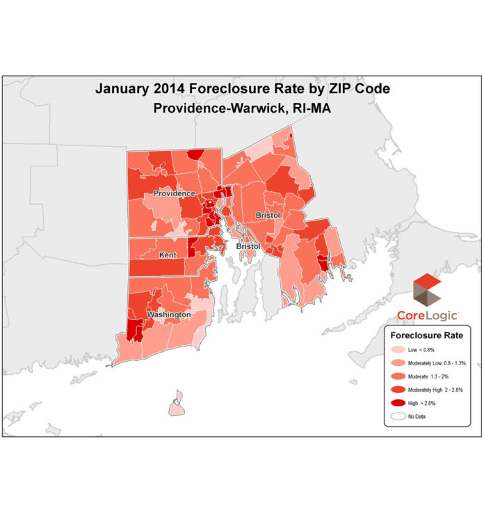 THE FORECLOSURE RATE in the Providence-Warwick metro area came in at 1.98 percent in January, 0.88 percentage points lower than the 2.86 percent reported in January 2013, and one-hundredth of a percentage point greater than the national rate for January of 1.97 percent. / COURTESY CORELOGIC