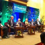 Rhode Island's congressional delegation addressed a slew of topics including climate change, flood insurance, tax reform and workforce development at a breakfast held Monday morning at the Crowne Plaza Providence-Warwick. From left to right: Accelereach Co-Founder Hamzah Ansari, Sen. Sheldon Whitehouse, Sen. Jack Reed, Greater Providence Chamber of Commerce President Laurie White, Rep. David N. Cicilline and Rep. James R. Langevin. / PBN PHOTO/RHONDA MILLER