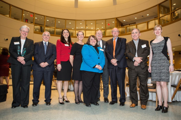 The 2014 CFO Award Recipients (l-r) Denise Patnode, The Providence Center; Richard Voccio, United Way of RI; Joanna L'Heureux, City of Pawtucket; Mary Cooper, ChartWise Medical Systems; Lisa Salerno, XRA Medical Imaging; Kevin Barry, Quonset Development Corporation; John Sutherland III, Care New England; Joseph Hernon, Towerstream Corp.; and Britte Jessen-Balint, Envision Technology / Rupert Whiteley