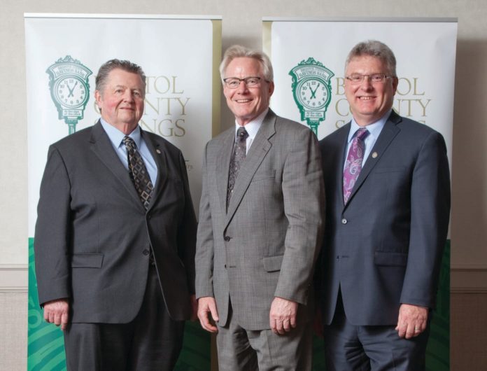 AT THE ANNUAL MEETING of Beacon Bancorp, parent of Bristol County Savings Bank, on March 11 are, left to right, Dennis M. Cody, chairman of Bristol County Savings Bank; newly elected Beacon Bancorp trustee Joseph J. Nauman, executive vice president for the Acushnet Company; and Patrick J. Murray Jr., president and CEO of BCSB. / COURTESY BOB BARTLETT