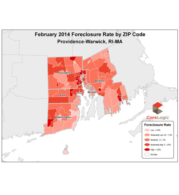 THE FORECLOSURE RATE in the Providence-Warwick metro area came in at 1.89 percent in February, 0.96 percentage points lower than the 2.85 percent reported in February 2013, and four-hundredths of a percentage point lower than the national rate for February of 1.93 percent. / COURTESY CORELOGIC