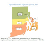 IN A STUDY commissioned by the Rhode Island Construction Coalition, Bryant University economist Edinaldo Tebaldi said the construction industry directly and indirectly contributed 7.7 percent of Rhode Island's gross domestic product in 2013. Above, a map showing the distribution of construction employment across Rhode Island by county. / COURTESY RHODE ISLAND CONSTRUCTION COALITION