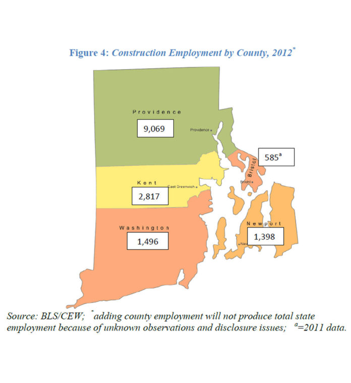 IN A STUDY commissioned by the Rhode Island Construction Coalition, Bryant University economist Edinaldo Tebaldi said the construction industry directly and indirectly contributed 7.7 percent of Rhode Island's gross domestic product in 2013. Above, a map showing the distribution of construction employment across Rhode Island by county. / COURTESY RHODE ISLAND CONSTRUCTION COALITION