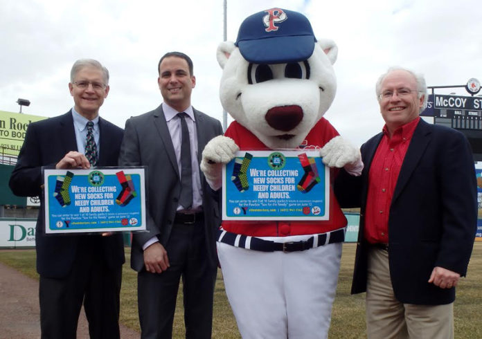 FREE FOOT SCREENING will be held on May 10 at the Cranston, East Side and the South County YMCAs as part of the RIPMA campaign. From left: Dr. Charles Cavicchio, executive director; and Dr. David Ruggiero, president of the Rhode Island Podiatric Medical Association; Pawtucket Red Sox mascot Paws and Michael Gwynn, vice president of marketing, Pawtucket Red Sox.