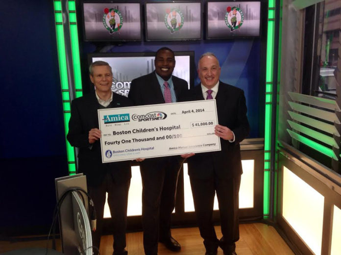 FROM LEFT: Robert A. DiMuccio, president, chairman and CEO of Amica Insurance; Comcast SportsNet personality Kyle Draper and Dick Argys, senior vice president and chief administrative officer of Boston Children’s Hospital.