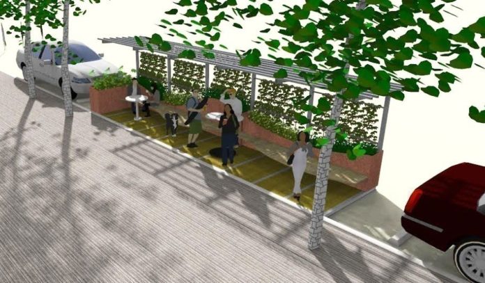 PROVIDENCE MAYOR ANGEL TAVERAS and Brown University President Christina H. Paxson announced plans Tuesday to revitalize the Thayer Street district with a miniature park, wider sidewalks and landscaping. Above, a rendering of what the proposed 'parklet' could look like. / COURTESY CITY OF PROVIDENCE