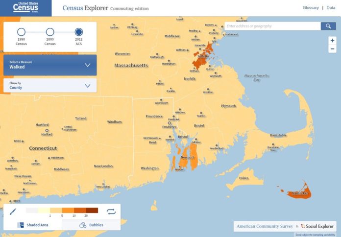 NEWPORT COUNTY has the highest percentage of commuters who walk and bike to work of all the counties in Rhode Island, according to new U.S. Census Bureau data released Monday. Above, a map showing how different counties rank in terms of percent of residents who walk to work. / COURTESY U.S. CENSUS BUREAU